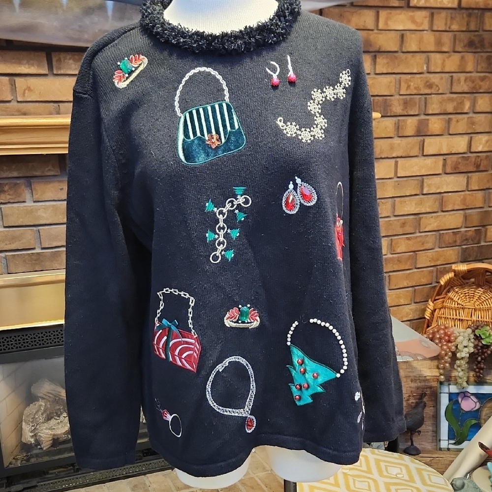 Merry & Bright Petites Christmas Theme Sweater Black With Embellishments 3D